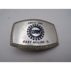 Vintage UAW Local 865 Belt Buckle East Moline IL United Auto Workers Silver Blue